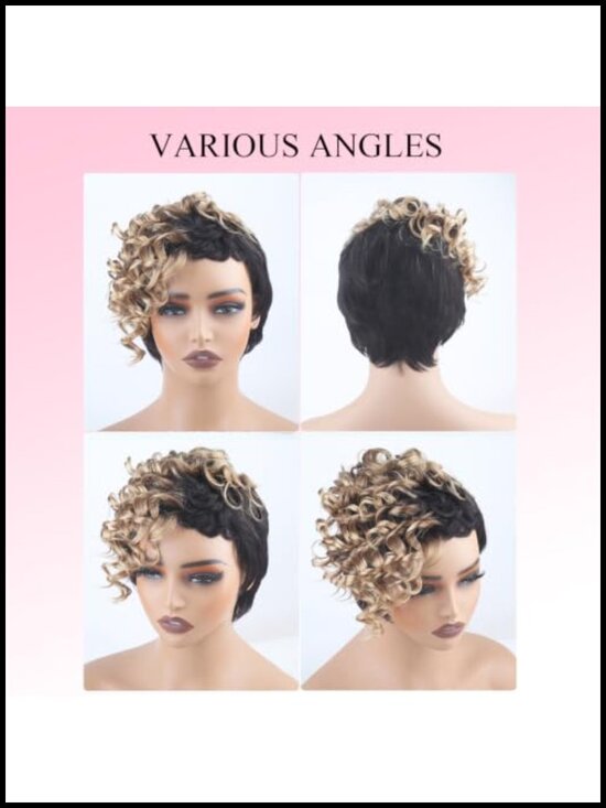 100% Human Hair Pixie Cut Wig Short Layered Curly Brazilian Virgin Machine Made main image 5